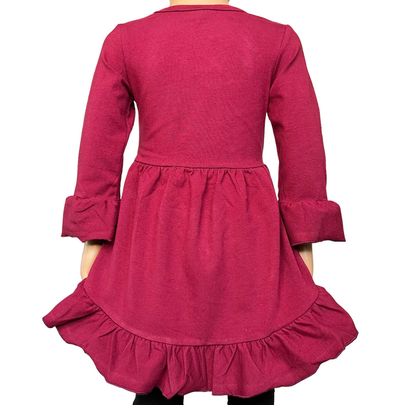 Girls Burgundy Cotton Knit Ruffle High Low Shirt 3/4 Sleeve-2