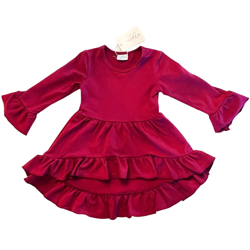 Girls Burgundy Cotton Knit Ruffle High Low Shirt 3/4 Sleeve-1