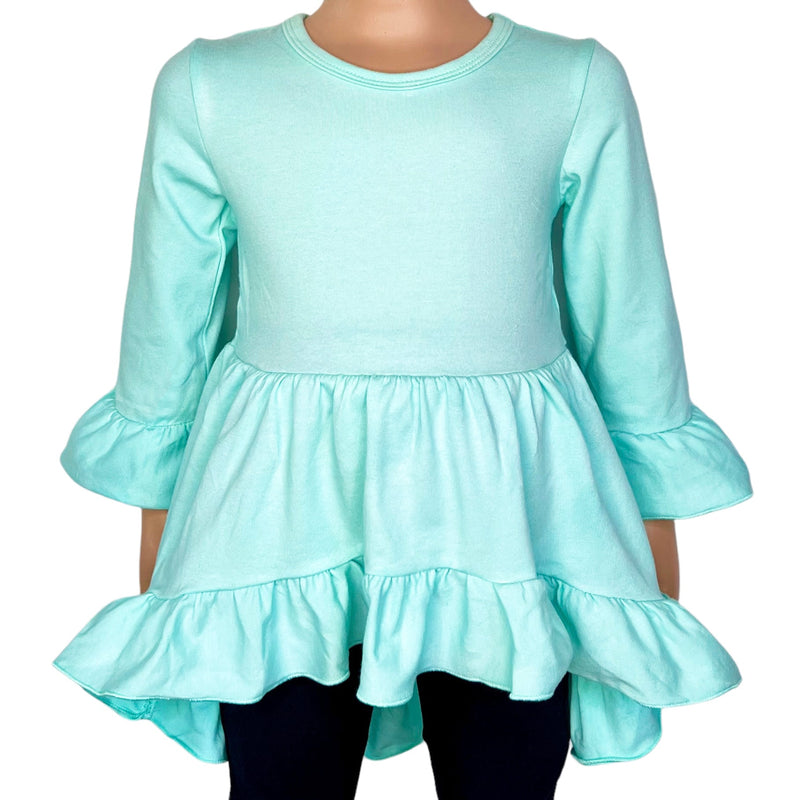 Girls Turquoise Cotton Knit Ruffle High Low Shirt 3/4 Sleeve-0