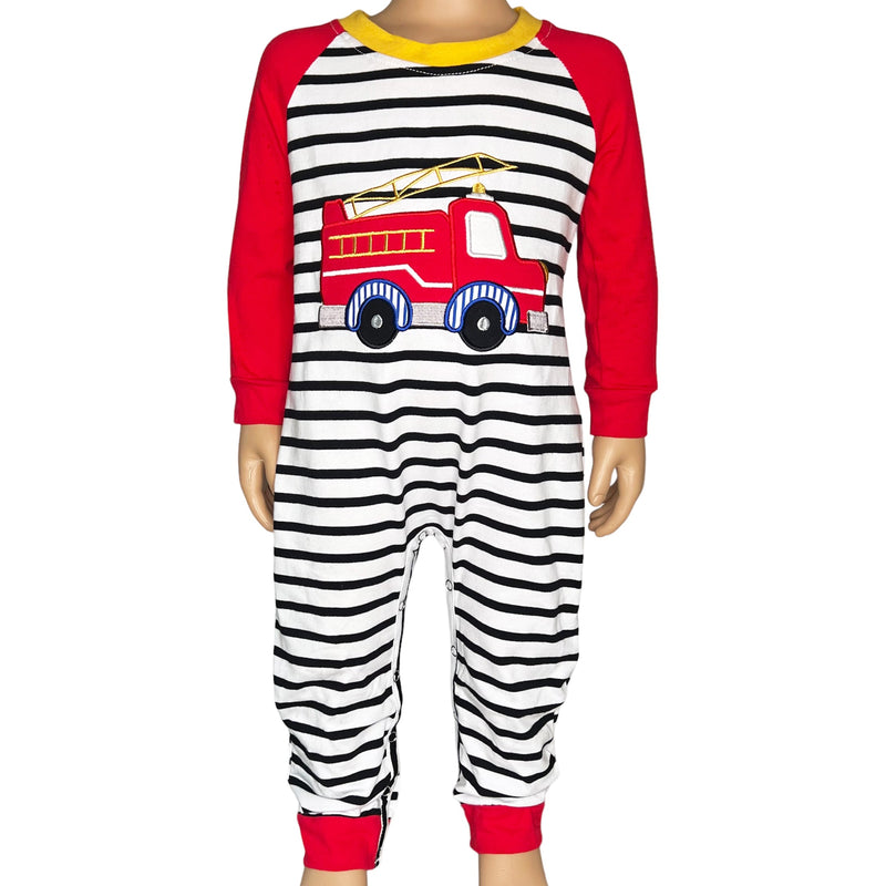 Baby Boys Red Firetruck Long sleep Striped Romper Toddler Jumpsuit-1