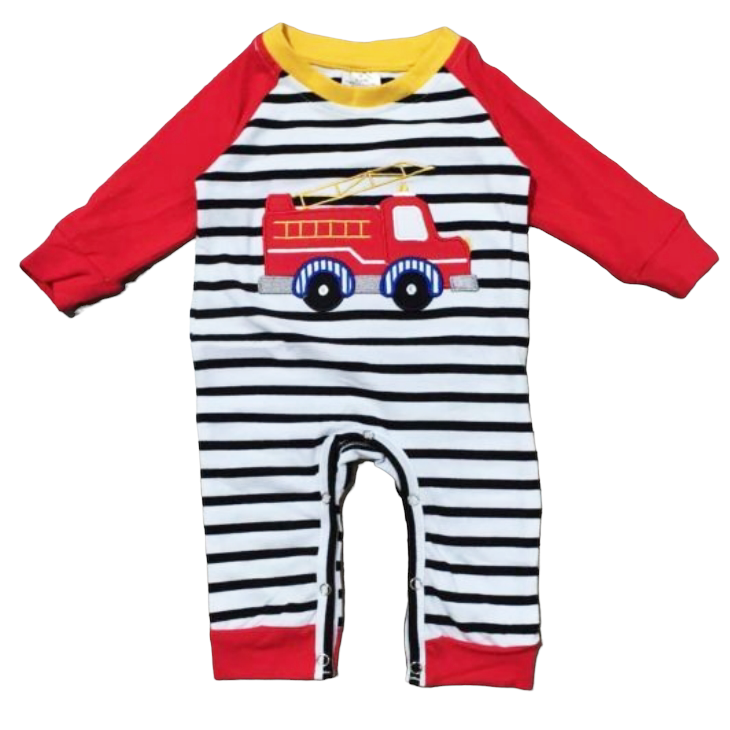 Baby Boys Red Firetruck Long sleep Striped Romper Toddler Jumpsuit-0