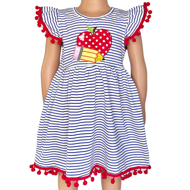 Girls Back to School Dress with Apple and Pencil applique-0