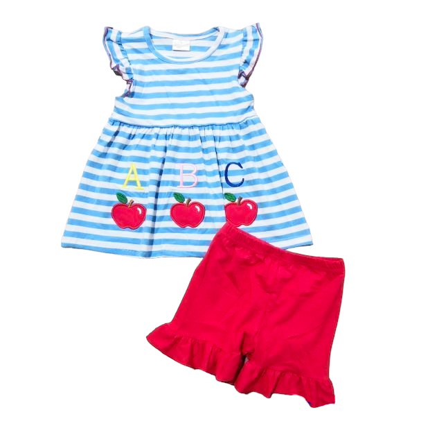 Girls Blue Stripped Back to School Apple Top with Red Ruffle Shorts-1