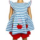 Girls Blue Stripped Back to School Apple Top with Red Ruffle Shorts-0