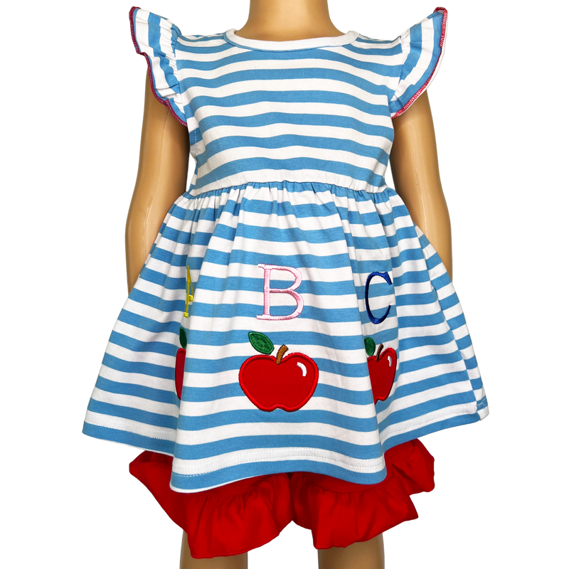 Girls Blue Stripped Back to School Apple Top with Red Ruffle Shorts-0