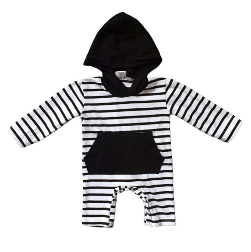 Baby Boys Black & White Striped Hoodie Romper Cotton Long Sleeve-0