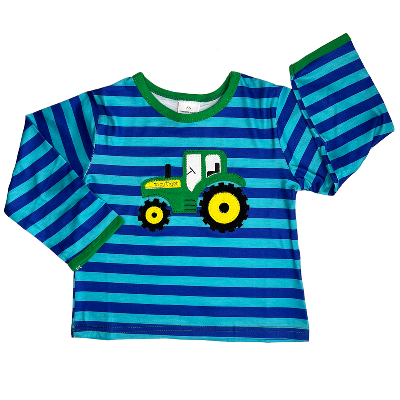 Toddler & Big Boys Blue Stripe Long Sleeve Tractor T-Shirt-1