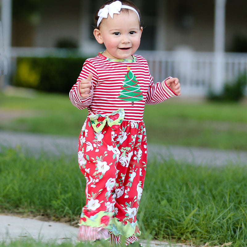 AnnLoren Baby Girls Merry Christmas Tree Holiday Floral Toddler Romper One Piece-3