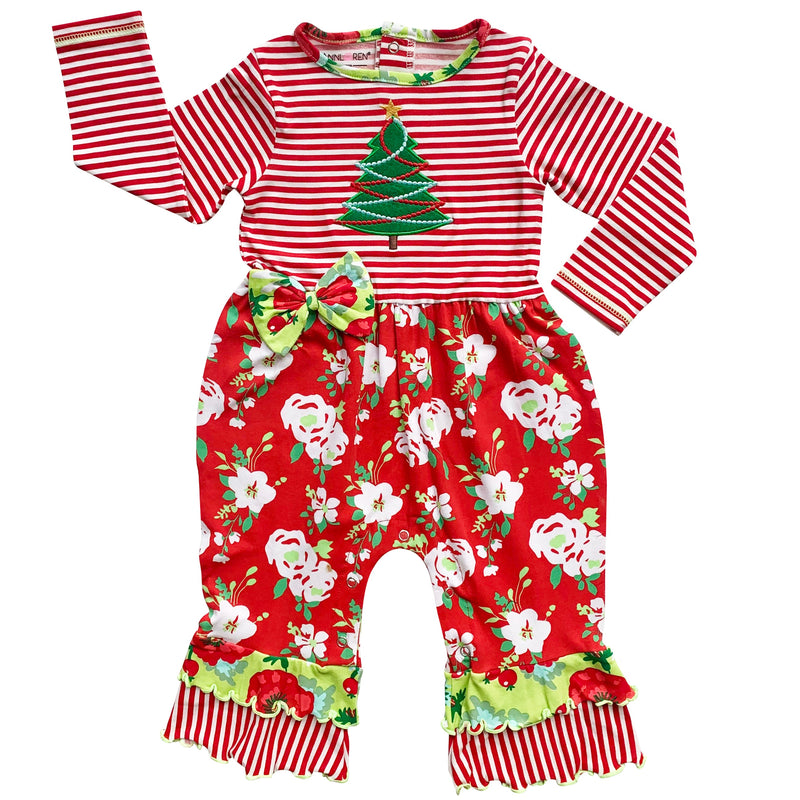 AnnLoren Baby Girls Merry Christmas Tree Holiday Floral Toddler Romper One Piece-1