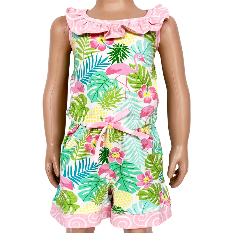 AnnLoren Little & Big Girls Pink Flamingo Palm Tree Kids Shorts Jumpsuit-0