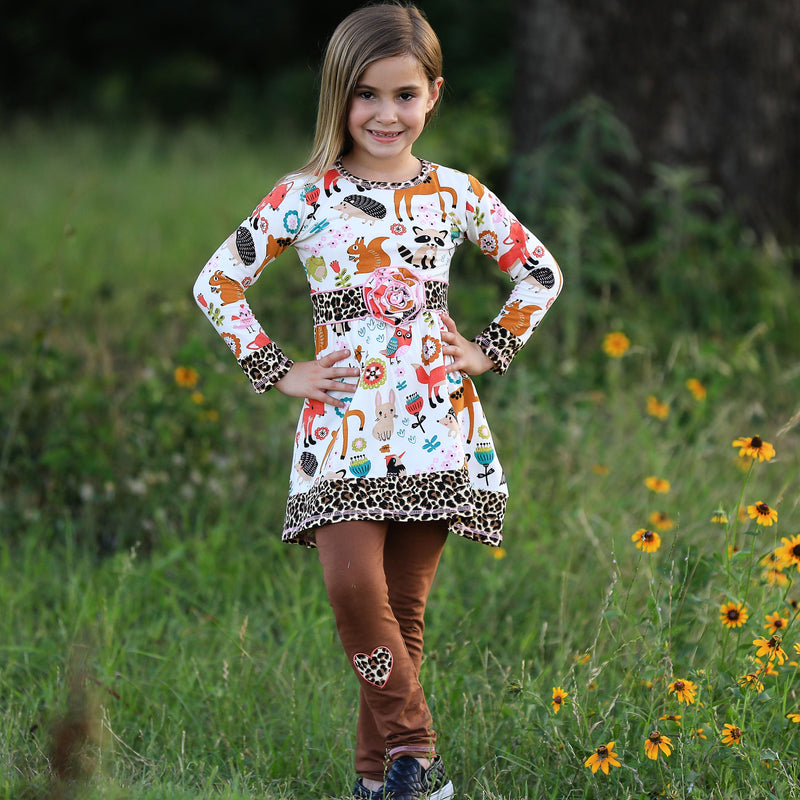 AnnLoren Big Little Girls Boutique Fall Forest Fox and Friends Dress & Leggings-9