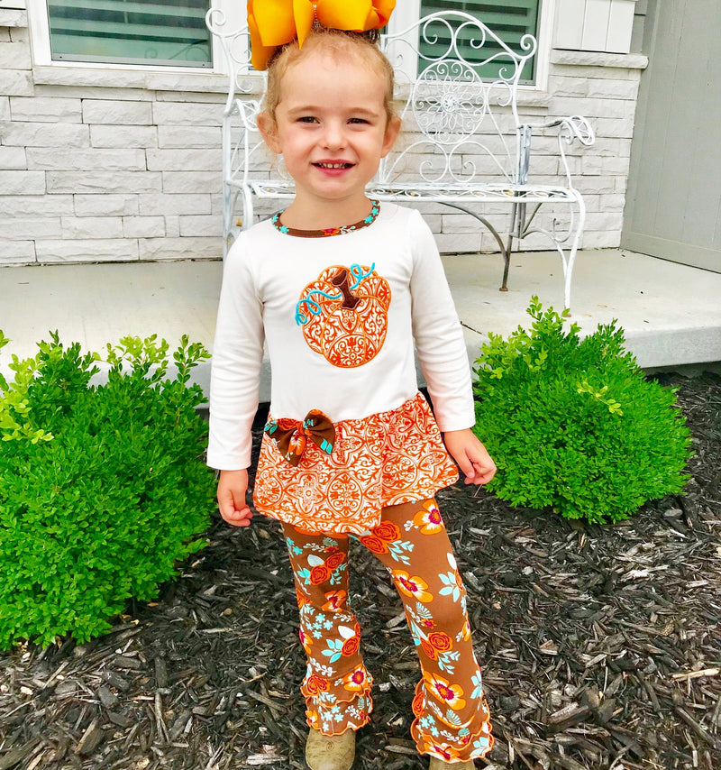 Big Girls Orange Pumpkin Autumn Floral Thanksgiving Tunic & Ruffle Pants Outfit-6