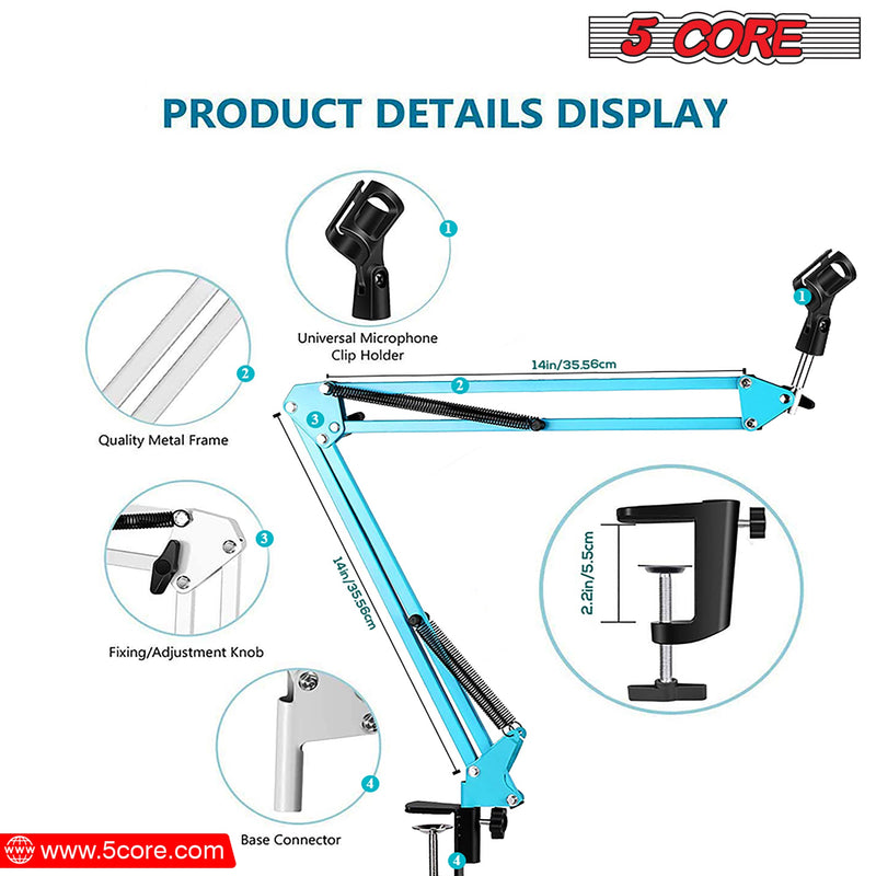 5 Core Microphone Arm Desk Mic Holder Stand Blue Adjustable Microphone Arm Desk Mount 360° Rotatable And Foldable Scissor Mounting -MS ARM BLU-3
