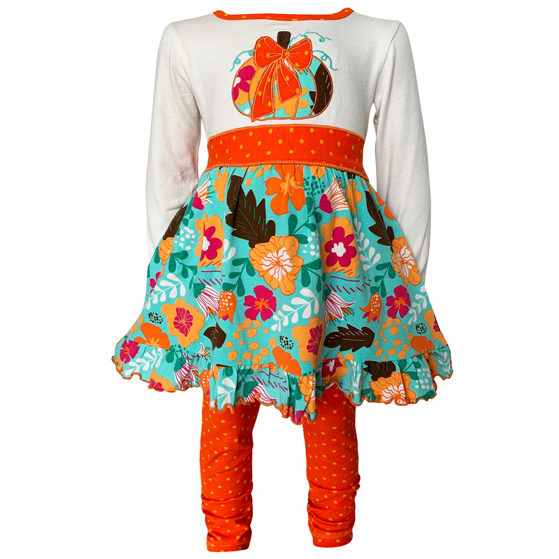 Girls Vibrant Autumn Floral Pumpkin Thanksgiving Dress & Leggings-0