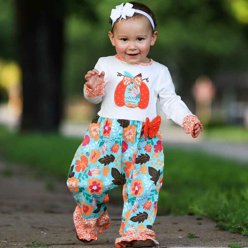 AnnLoren Baby Toddler Girls Thanksgiving Autumn Orange Pumpkin Romper-1