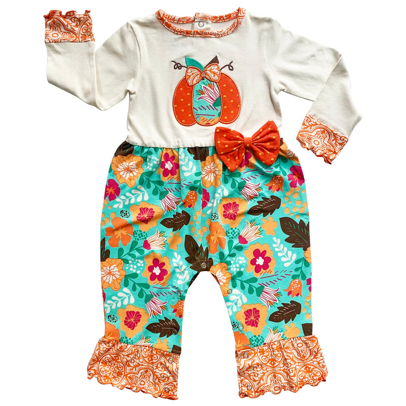 AnnLoren Baby Toddler Girls Thanksgiving Autumn Orange Pumpkin Romper-0