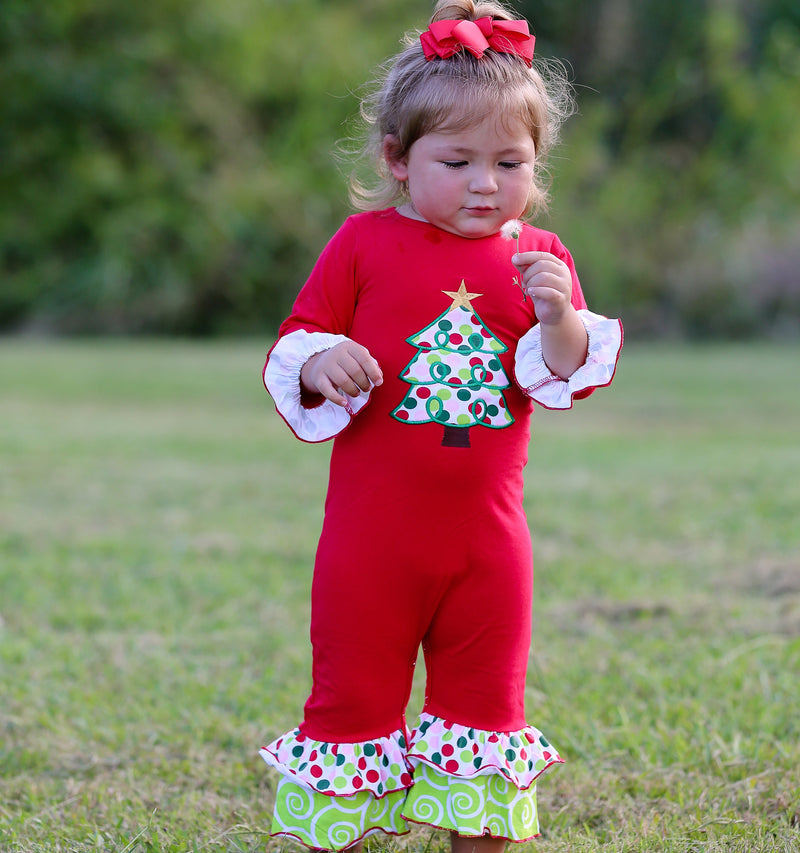 AnnLoren Baby Girls Red & White Christmas Tree Romper Outfit-2