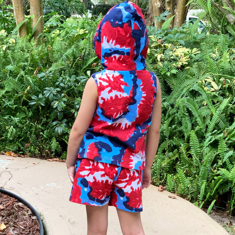 AnnLoren Girls Red White & Blue Tie Dye Hoodie Tank and Shorts Set 4th of July-3