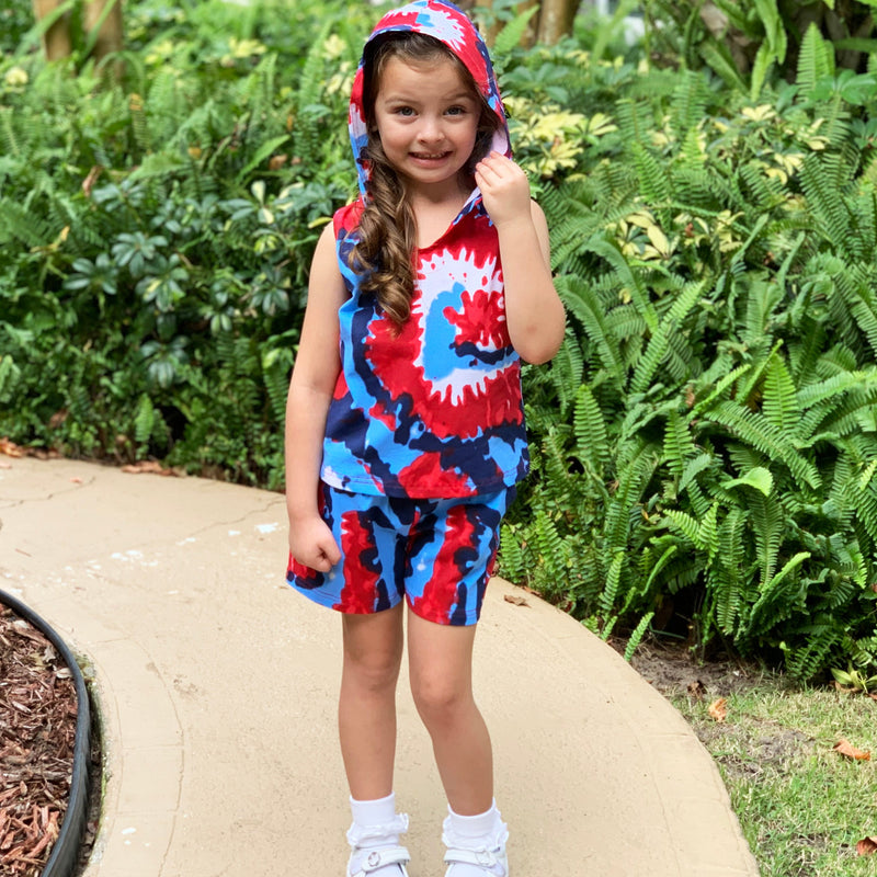 AnnLoren Girls Red White & Blue Tie Dye Hoodie Tank and Shorts Set 4th of July-5