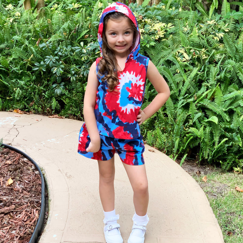 AnnLoren Girls Red White & Blue Tie Dye Hoodie Tank and Shorts Set 4th of July-1