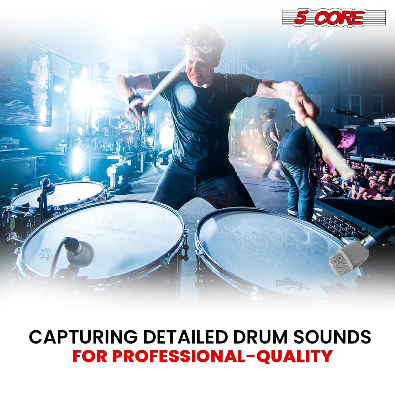 5 Core Drum Mic High Sensitivity Snare Tom Instrument Microphone with Dynamic Moving Coil Uni-Directional Pick Up Pattern Swivel Mount Durable Steel Mesh Grille -TOM MIC GREY-7