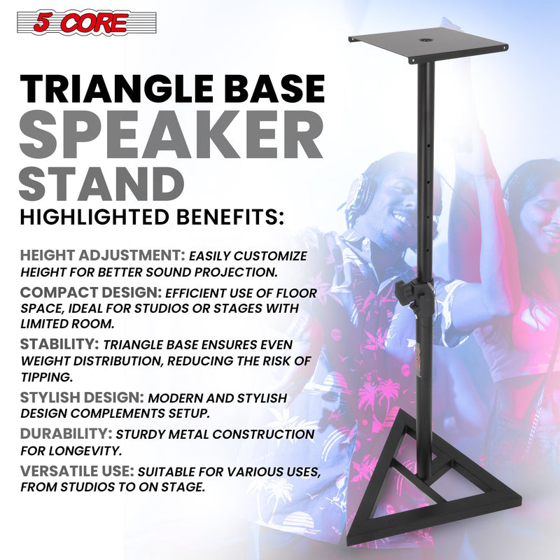 5 Core Speaker Stand Pair Heavy Duty Three Point Triangle Base Telescoping Height Adjustable 35 to 55 Inches Studio Monitor Stands Universal Bookshelf PA DJ Speakers Holder -SS BOOM TRI BASE 2PK-2
