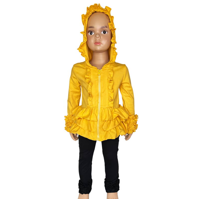 Girls Mustard Yellow Ruffle Hoodie Zipper Jacket Camp School-5