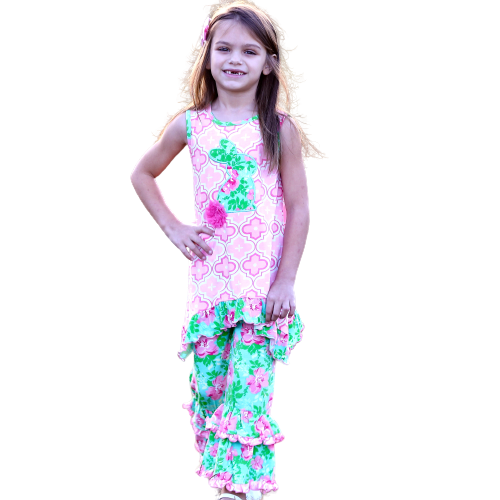 AnnLoren Big Little Girls Easter Bunny Tunic Spring Floral Ruffle Capri Pants Outfit-7