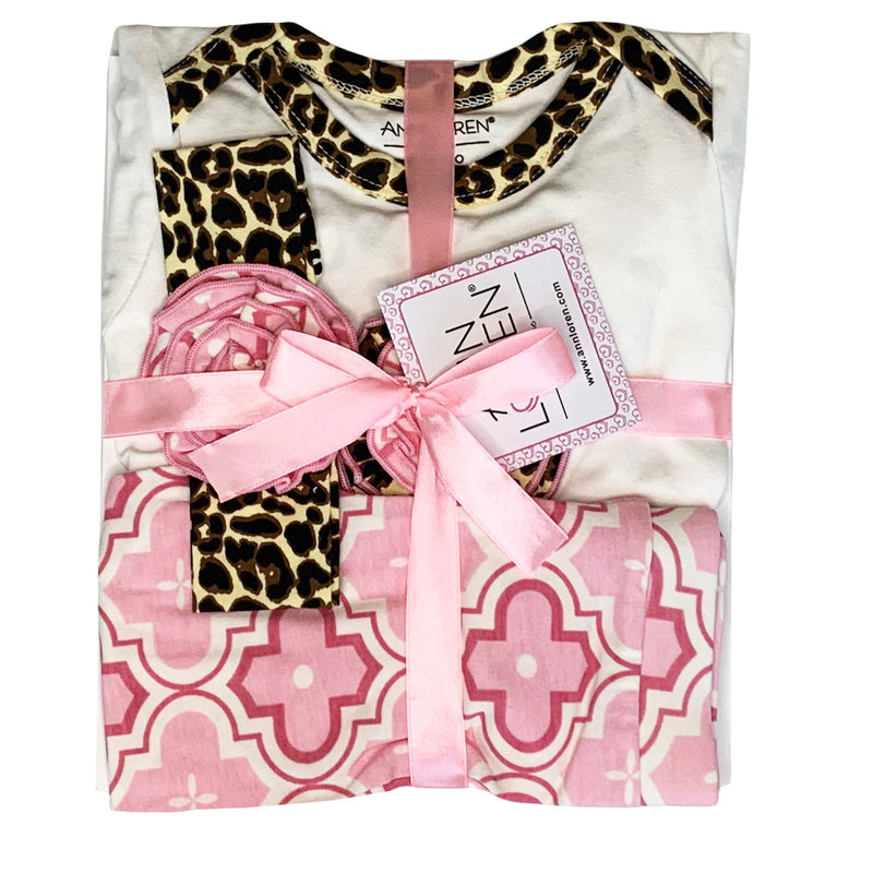 AnnLoren Baby Girls Layette Pink Leopard Onesie Pants Headband 3pc Gift Set Clothing-1