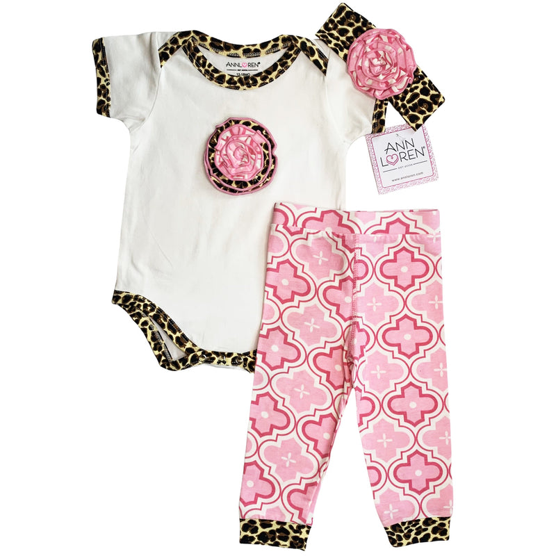 AnnLoren Baby Girls Layette Pink Leopard Onesie Pants Headband 3pc Gift Set Clothing-0