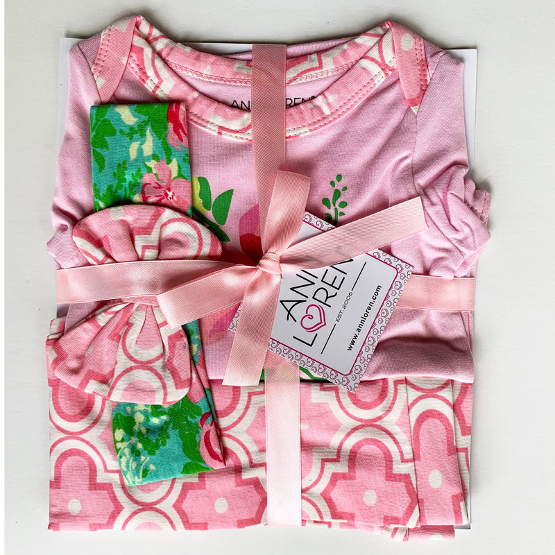 AnnLoren Baby Girls Layette Pink Arabesque Floral Onesie Pants Headband 3pc Gift Set Clothing Sizes 3M - 18M-1