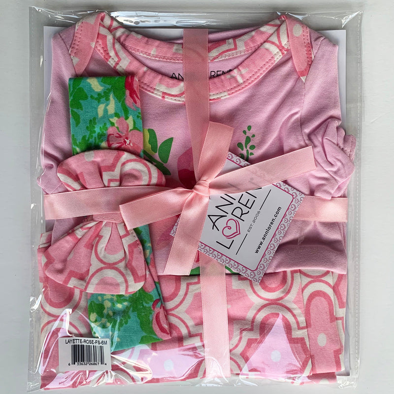 AnnLoren Baby Girls Layette Pink Arabesque Floral Onesie Pants Headband 3pc Gift Set Clothing Sizes 3M - 18M-2