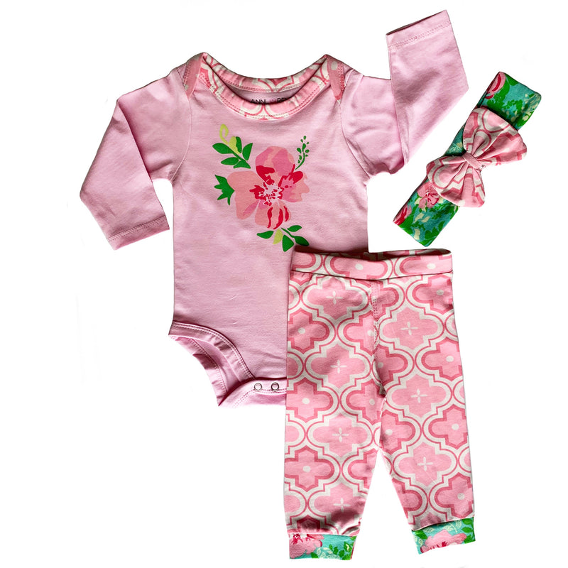 AnnLoren Baby Girls Layette Pink Arabesque Floral Onesie Pants Headband 3pc Gift Set Clothing Sizes 3M - 18M-0