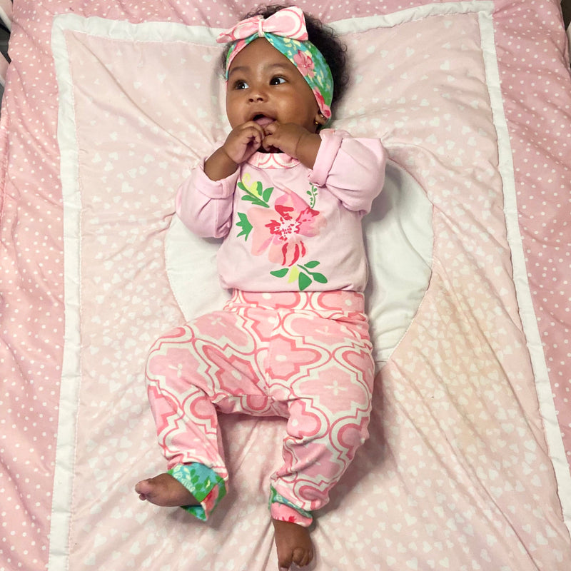 AnnLoren Baby Girls Layette Pink Arabesque Floral Onesie Pants Headband 3pc Gift Set Clothing Sizes 3M - 18M-5