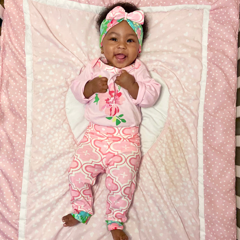 AnnLoren Baby Girls Layette Pink Arabesque Floral Onesie Pants Headband 3pc Gift Set Clothing Sizes 3M - 18M-4