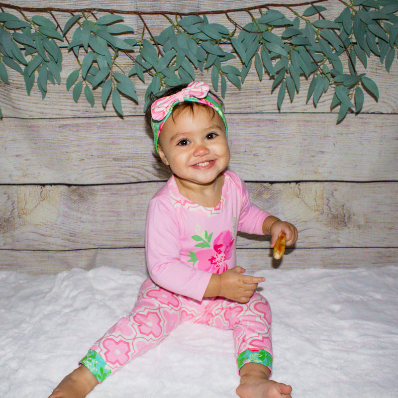 AnnLoren Baby Girls Layette Pink Arabesque Floral Onesie Pants Headband 3pc Gift Set Clothing Sizes 3M - 18M-6