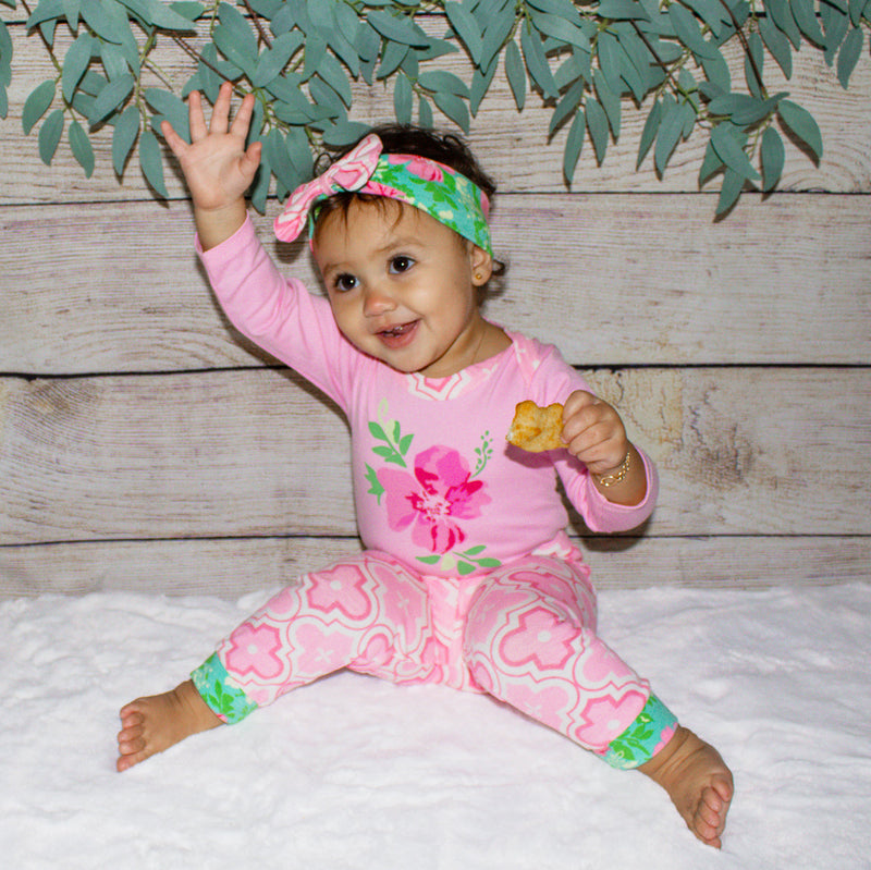 AnnLoren Baby Girls Layette Pink Arabesque Floral Onesie Pants Headband 3pc Gift Set Clothing Sizes 3M - 18M-7