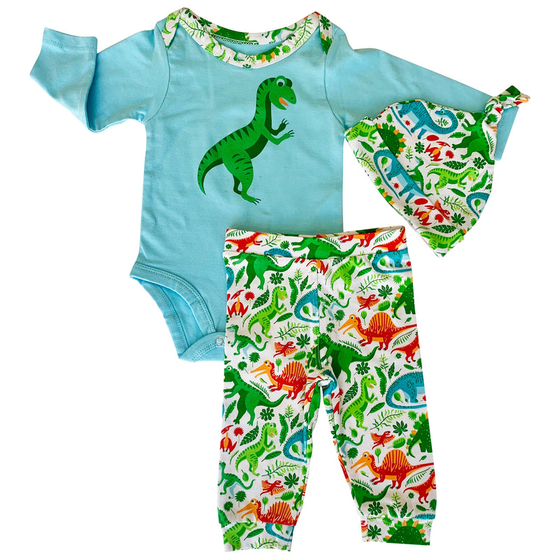 AnnLoren Baby Layette Boys Dinosaur Long Sleeve Onesie Pants Cap 3pc Gift Set-0