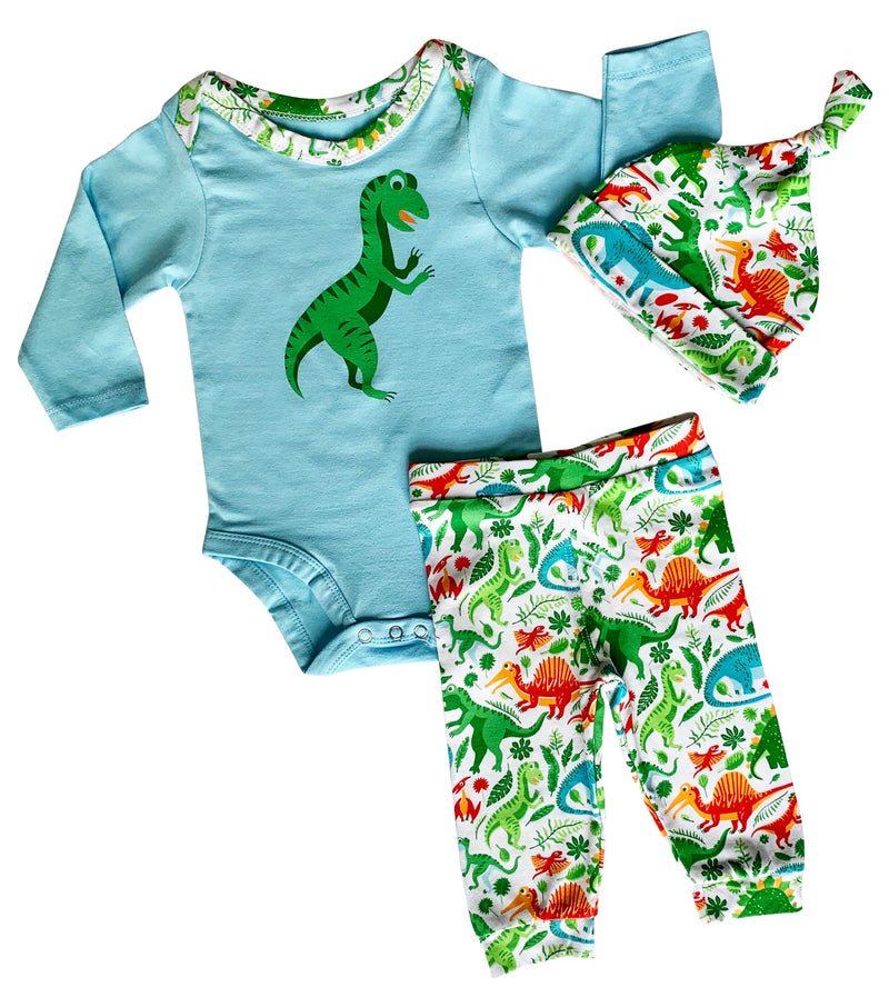 AnnLoren Baby Layette Boys Dinosaur Long Sleeve Onesie Pants Cap 3pc Gift Set-7