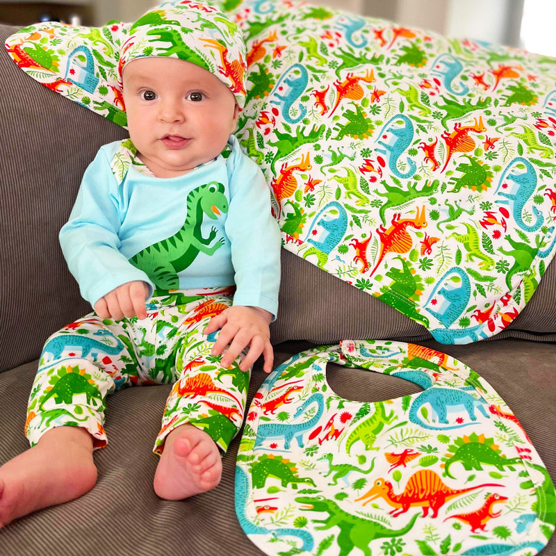 AnnLoren Baby Layette Boys Dinosaur Long Sleeve Onesie Pants Cap 3pc Gift Set-9