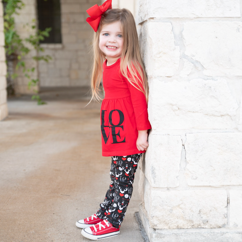 AL Limited Girls Valentine's Day LOVE Red Long Sleeve Tunic Leggings & Scarf Clothing Set-4