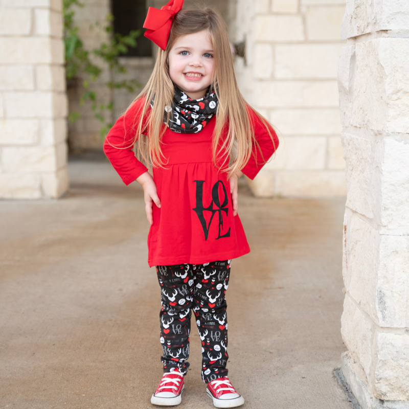 AL Limited Girls Valentine's Day LOVE Red Long Sleeve Tunic Leggings & Scarf Clothing Set-5