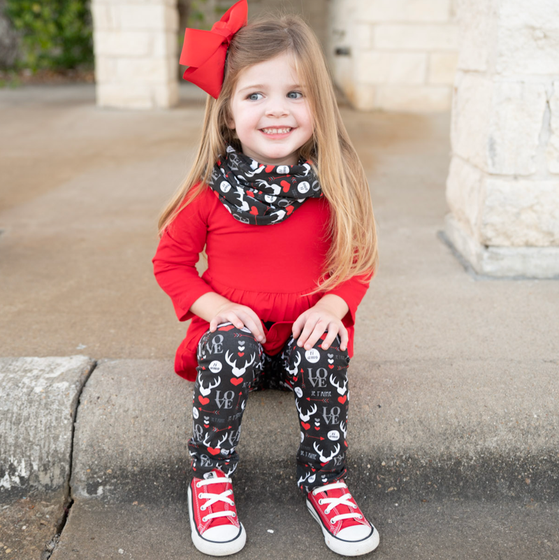 AL Limited Girls Valentine's Day LOVE Red Long Sleeve Tunic Leggings & Scarf Clothing Set-6