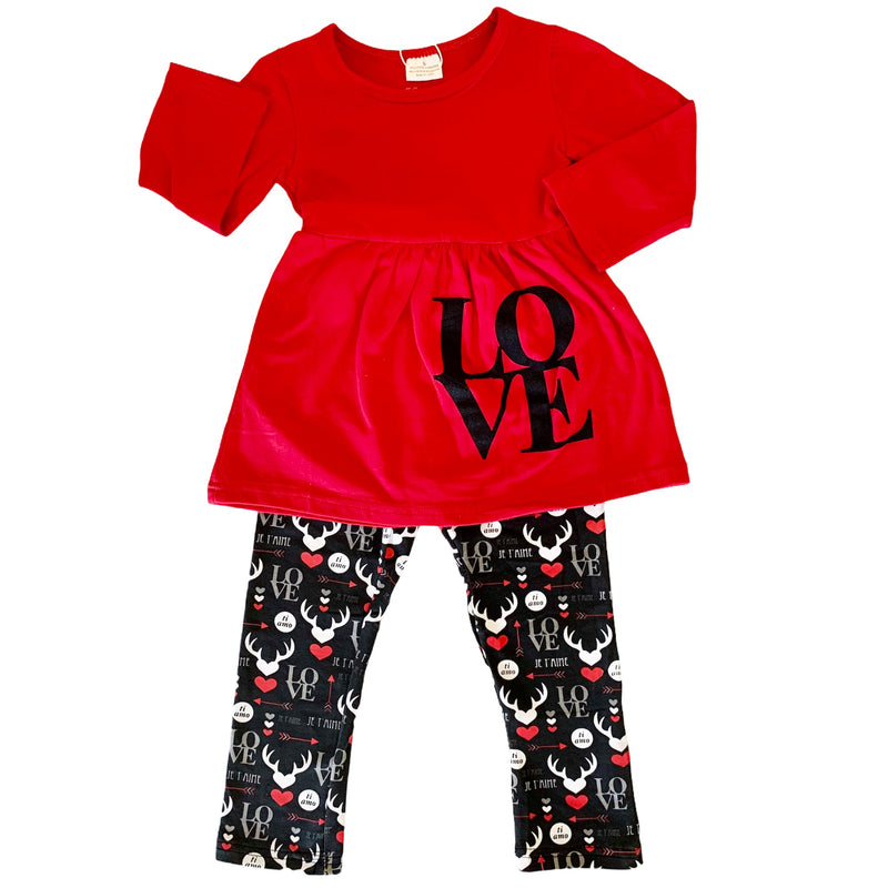 AL Limited Girls Valentine's Day LOVE Red Long Sleeve Tunic Leggings & Scarf Clothing Set-3