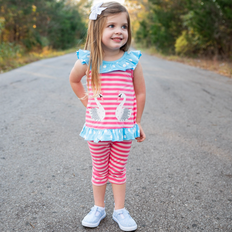 Girls Pink Swan Princess Striped Tunic and Capri Leggings Outfit-3