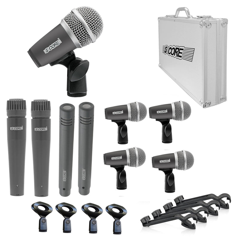 5 Core Drum Microphone Kit 9 Piece Wired Full Metal Dynamic Wired Drums Mic Set for Drummer w/ Kick Bass Tom Snare + Silver Carry Case - DM 9RND GREY-0