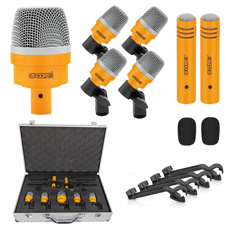 5 Core Drum Microphone Kit 7 Piece Wired Full Metal Dynamic Wired drums Mic Set for Drummers w/ Bass / Tom / Snare + Carrying Case / Sponge & Mic Clamp for Vocal & Other Instrument YLW -DM 7ACC YLW-0