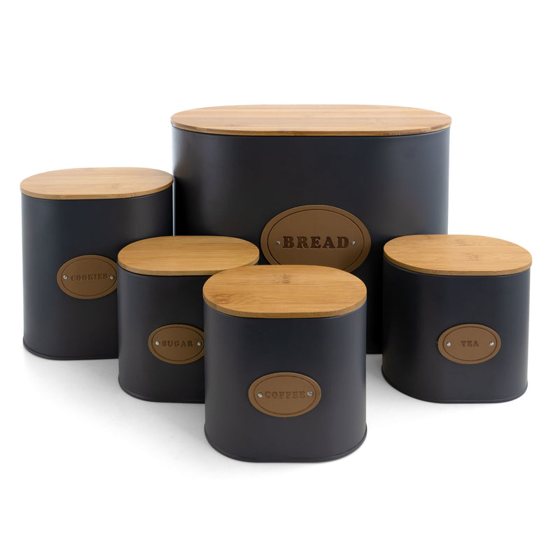 MegaChef Kitchen Food Storage and Organization 5 Piece Canister Set in Grey with Bamboo Lids