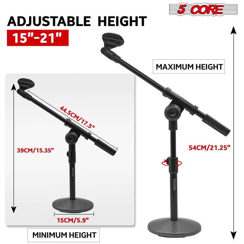 5 Core Mic Stand Height Adjustable 15.3 to 21.25" Short Desktop Stands w Telescopic Boom Arm and Round Base Low Profile Small Mic Holder Ideal for Desk Recording and Streaming Black -MSSB-1