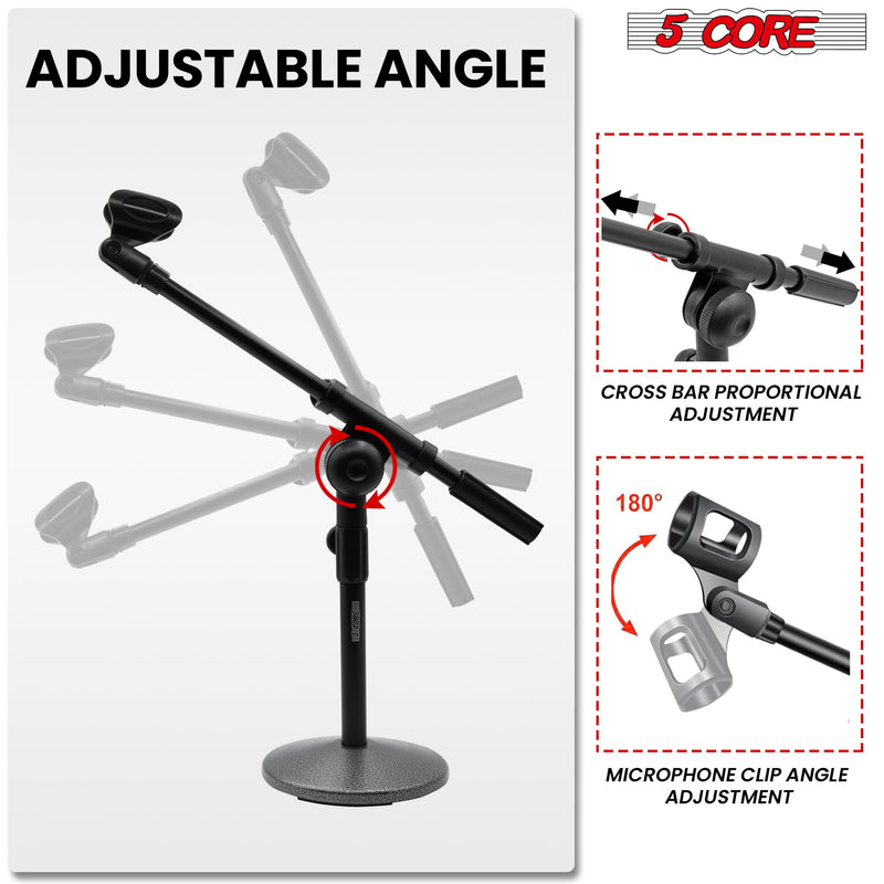 5 Core Mic Stand Height Adjustable 15.3 to 21.25" Short Desktop Stands w Telescopic Boom Arm and Round Base Low Profile Small Mic Holder Ideal for Desk Recording and Streaming Black -MSSB-2